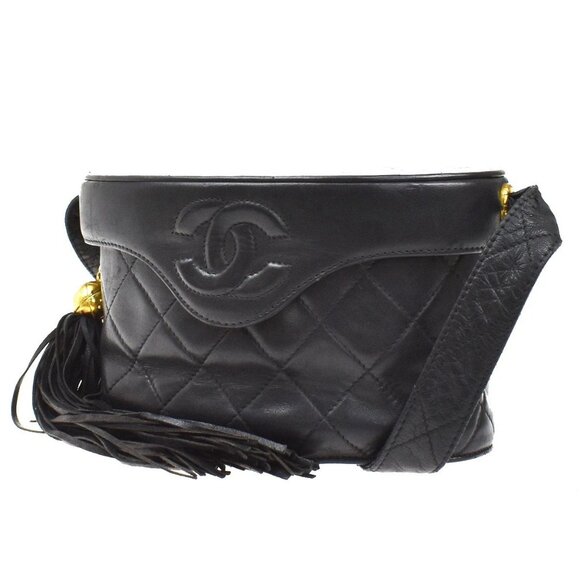 CHANEL CC Logo Matelasse Tassel Shoulder Vanity Bag Leather Black Italy 95KB241 - Picture 1 of 16